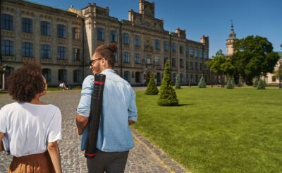 Beautiful university campus and two students in it