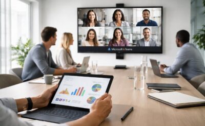 découvrez une salle hybride avec intégration facile de microsoft teams et présentation de slides sur tablette tactile pour un setup simple et efficace.