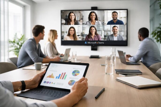 découvrez une salle hybride avec intégration facile de microsoft teams et présentation de slides sur tablette tactile pour un setup simple et efficace.