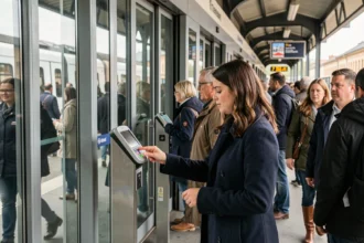 Voyageuse utilisant un accès sans contact à l'entrée d'un hub de transport en période de pointe à Amiens