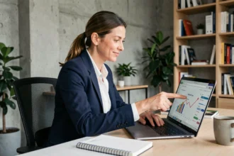 Femme professionnelle analysant des statistiques de campagne emailing sur un ordinateur portable dans un bureau moderne