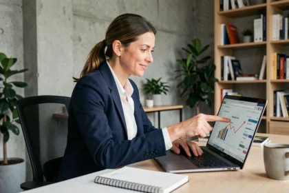 Femme professionnelle analysant des statistiques de campagne emailing sur un ordinateur portable dans un bureau moderne