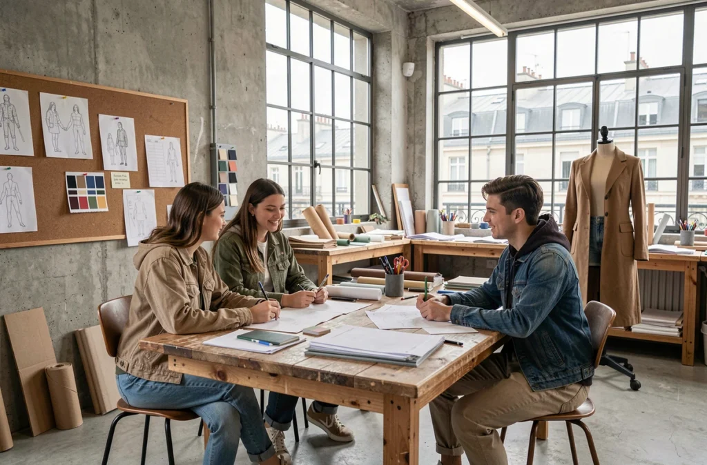 Étudiants en atelier de design mode à l'Ensamaa travaillant sur des projets créatifs à Paris