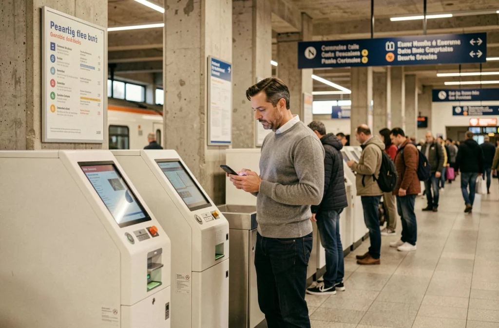 Usager consultant son smartphone devant un distributeur automatique de billets dans une gare d'Amiens