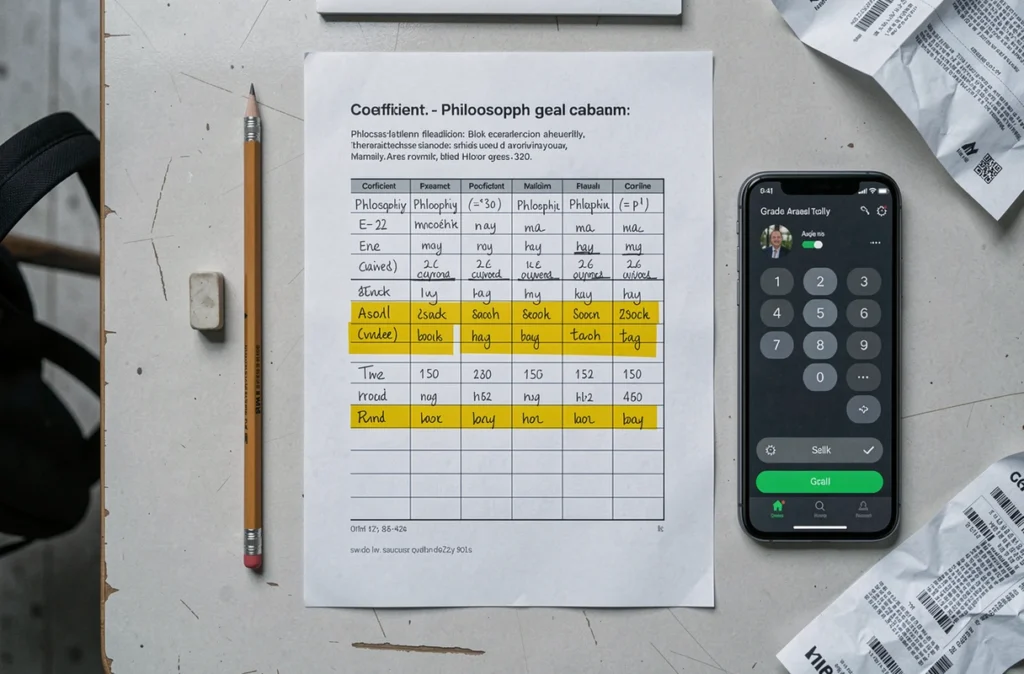 Vue de dessus d'un bureau avec feuille de philosophie, tableau de coefficients et calculatrice de note pour le bac