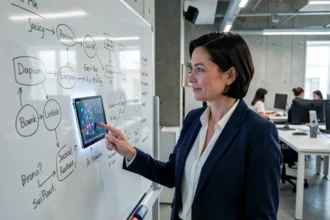 Une cadre en entreprise présente une stratégie d'intégration de l'intelligence artificielle sur un tableau blanc dans un laboratoire d'innovation moderne