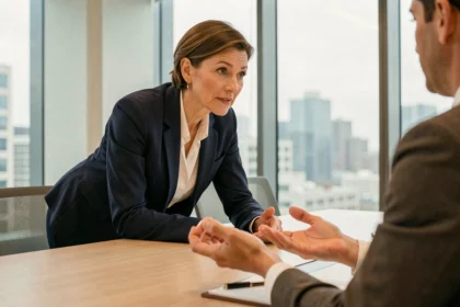 Une commerciale attentive observe les gestes de son client lors d'une réunion professionnelle pour identifier son profil sensoriel VAK