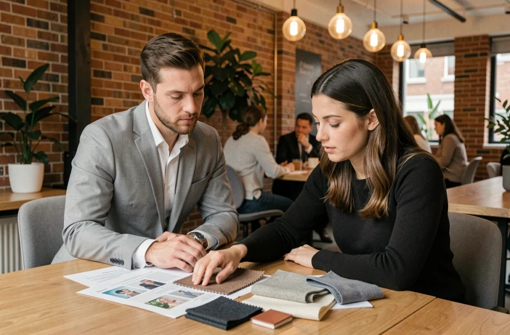 Un conseiller commercial observe la réaction tactile de sa cliente face à des échantillons de produits, illustrant le profil kinesthésique du VAKOG