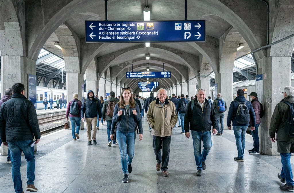 Voyageurs circulant dans un couloir de gare pendant une période de forte affluence sur l'axe Pia-Amiens