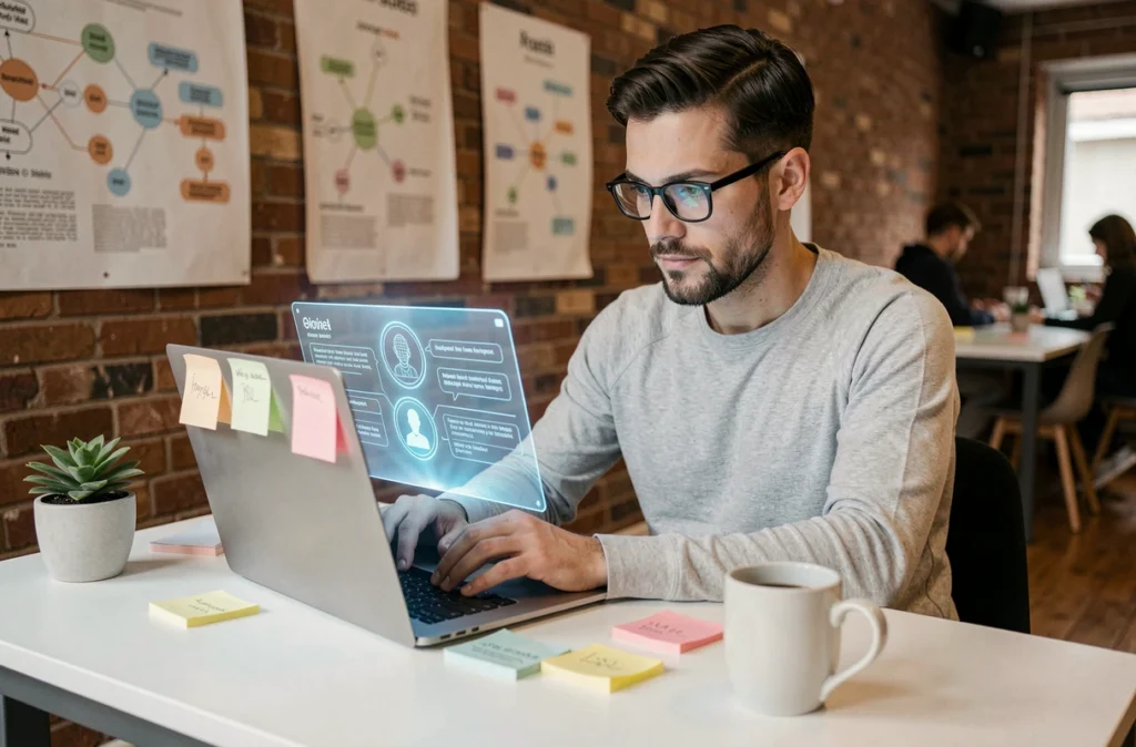 Un développeur interagit avec une interface d'intelligence artificielle sur son ordinateur portable dans un espace de coworking créatif et moderne