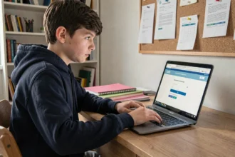 Élève collégien connecté à l'ENT Aisne sur un ordinateur portable depuis sa chambre