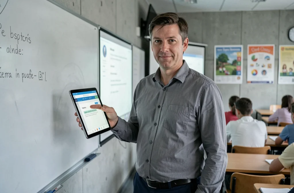 Enseignant présentant une plateforme ENT lycée sur tablette en salle de classe