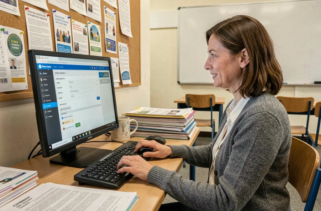 Enseignante configurant les paramètres de son compte sur l'ENT Aisne depuis une salle de classe