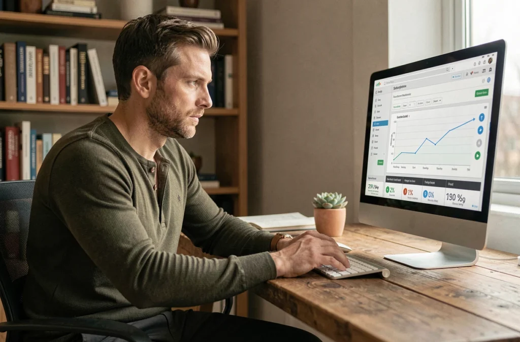 Entrepreneur consultant son tableau de bord d'abonnement emailing pour réduire ses coûts marketing depuis son bureau à domicile