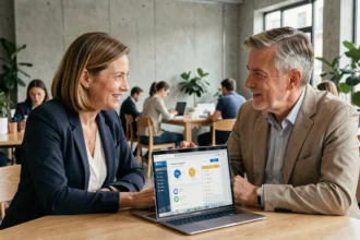 Femme cadre en entretien de mentorat avec un mentor expérimenté autour d'une plateforme de développement professionnel en ligne
