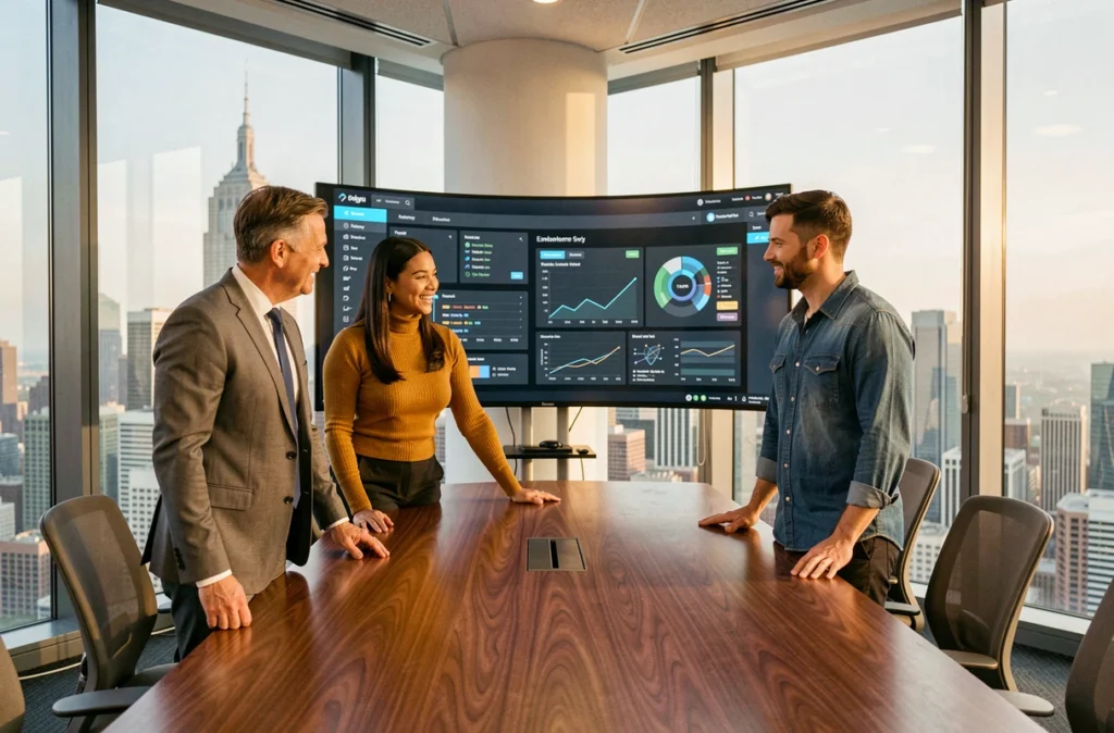 Une équipe de professionnels analyse des tableaux de bord de données générés par l'intelligence artificielle dans une salle de réunion d'entreprise moderne avec vue sur la ville