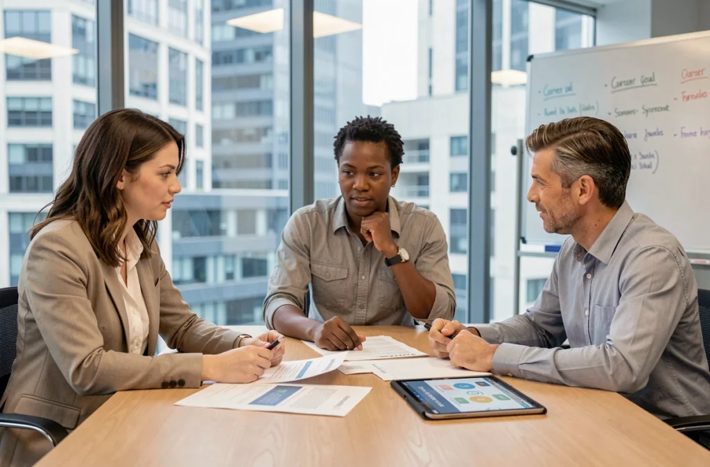 Équipe de professionnels en salle de réunion évaluant un programme de mentorat adapté à leur profil de carrière
