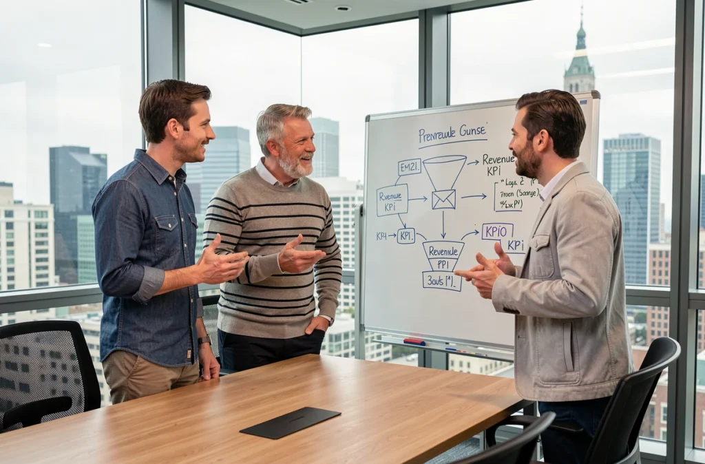 Équipe marketing collaborant autour d'un tableau blanc avec des stratégies d'emailing pour augmenter le panier moyen