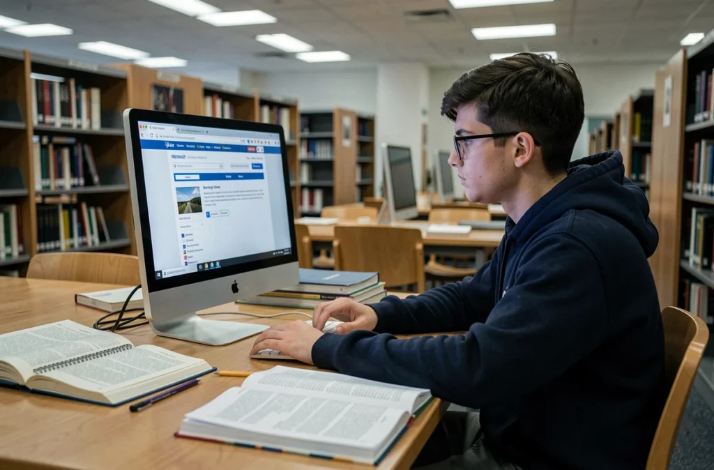 Étudiant universitaire consultant l'URL du portail eduservices mycampus sur un ordinateur en bibliothèque