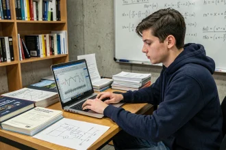 Étudiant en BTS électrotechnique utilisant le logiciel Habilec 7 sur un ordinateur portable pour réviser ses cours de circuits électriques