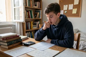 Étudiant de terminale calculant l'impact du coefficient de philosophie sur sa note finale du bac à son bureau