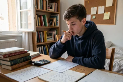 Étudiant de terminale calculant l'impact du coefficient de philosophie sur sa note finale du bac à son bureau