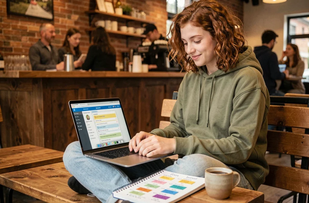 Jeune étudiant révisant le subjonctif imparfait espagnol avec des fiches et un ordinateur dans un café