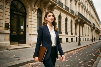 Étudiante en design portant un portfolio marchant devant une école parisienne Ensamaa en automne