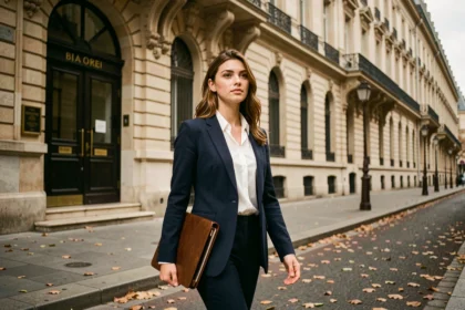 Étudiante en design portant un portfolio marchant devant une école parisienne Ensamaa en automne