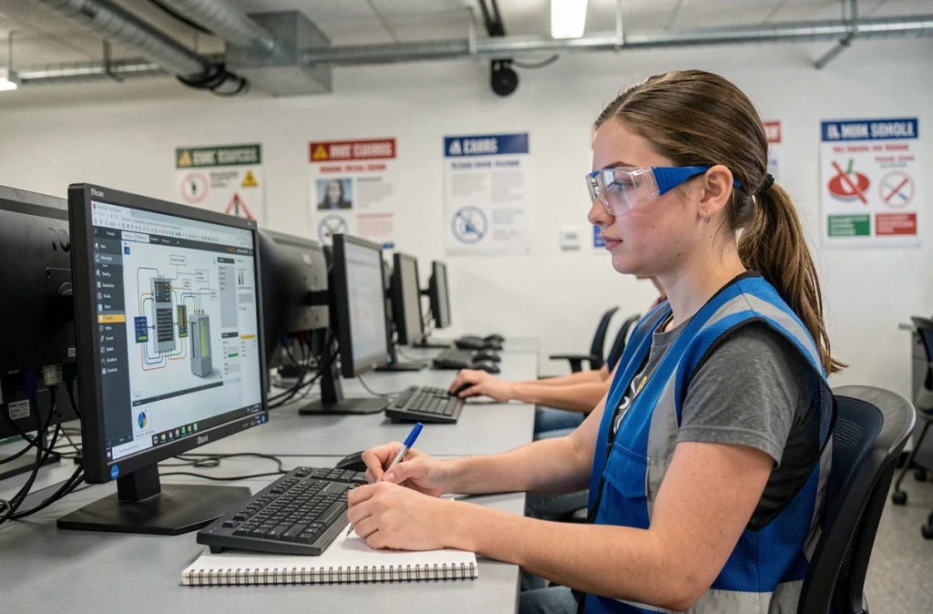Étudiante en formation habilitation électrique utilisant le logiciel Habilec 8 sur ordinateur en salle informatique