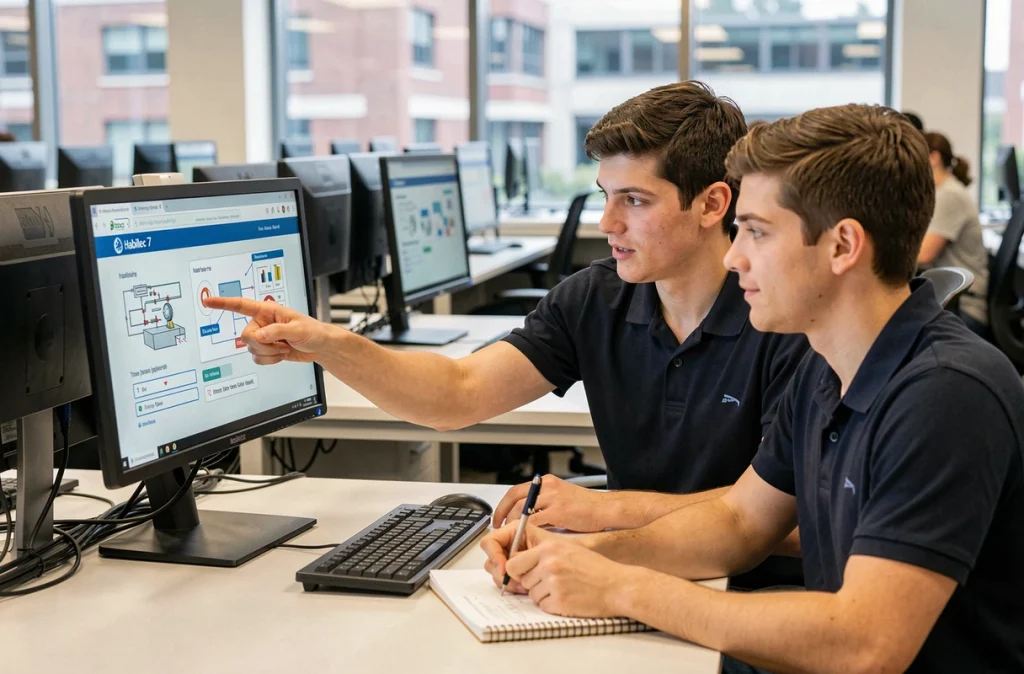 Deux étudiants en BTS électrotechnique travaillant ensemble sur les modules de préparation à l'habilitation électrique avec le logiciel Habilec 7