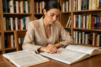 Femme étudiant le subjonctif imparfait espagnol avec des livres de grammaire ouverts sur un bureau en bois