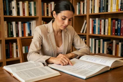 Femme étudiant le subjonctif imparfait espagnol avec des livres de grammaire ouverts sur un bureau en bois