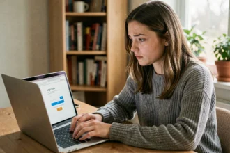 Jeune femme cherchant l'adresse de connexion mycampus eduservices sur son ordinateur portable à domicile