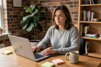 Femme en télétravail participant à une réunion vidéo depuis son bureau à domicile aménagé