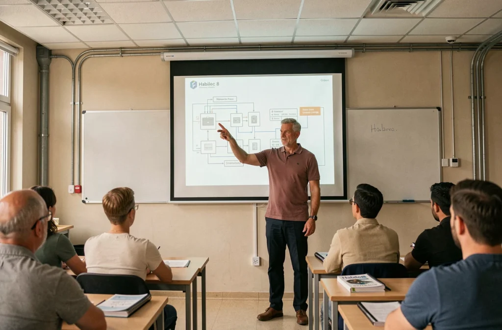 Formateur présentant une simulation Habilec 8 sur écran de projection devant des apprenants en formation électrique