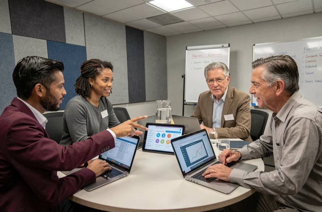 Groupe de professionnels en formation aux compétences numériques autour d'une table avec ordinateurs portables et tablette dans une salle de formation d'entreprise