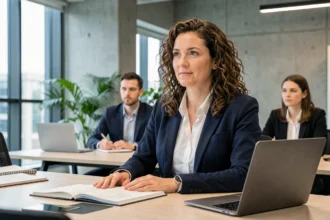 Femme professionnelle participant à une session de formation continue en entreprise dans un bureau moderne