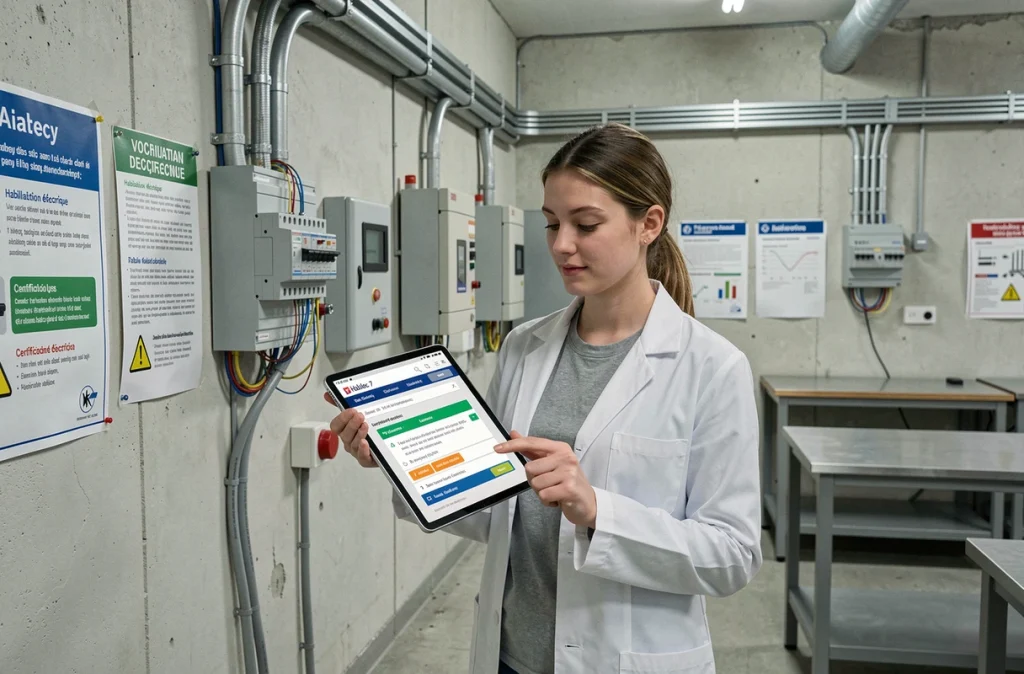 Étudiante en formation BTS électrotechnique consultant Habilec 7 sur tablette dans un laboratoire d'habilitation électrique