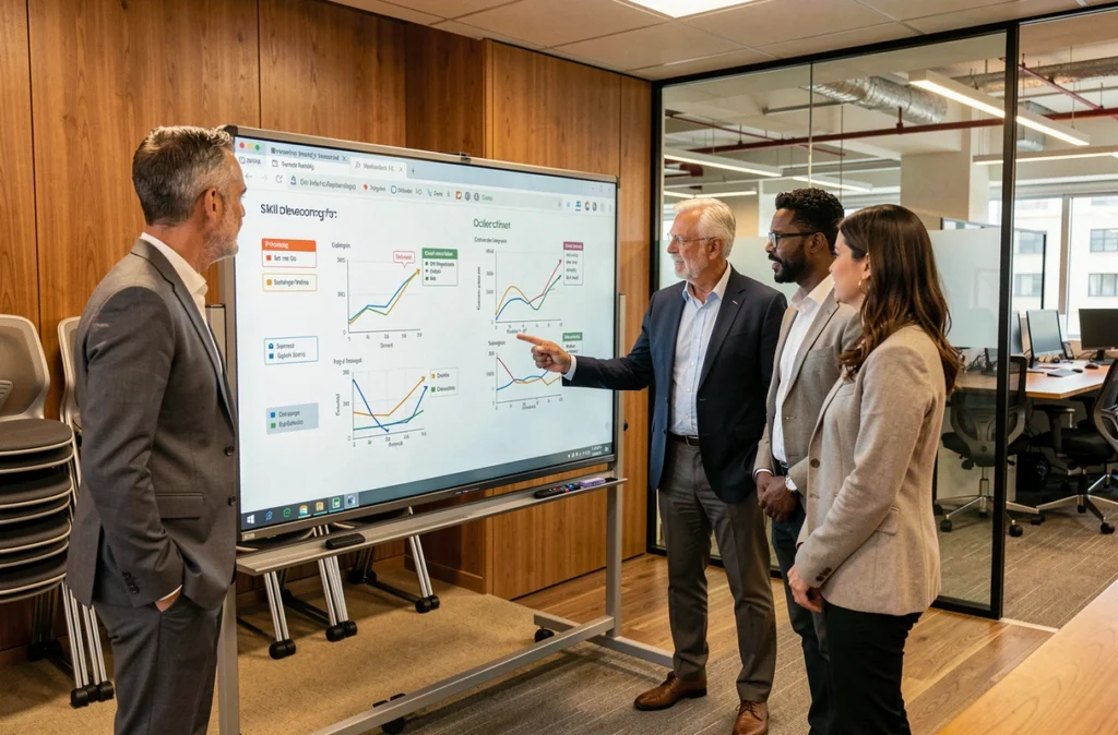 Groupe de salariés en formation professionnelle autour d'un tableau interactif lors d'une période de transition en entreprise