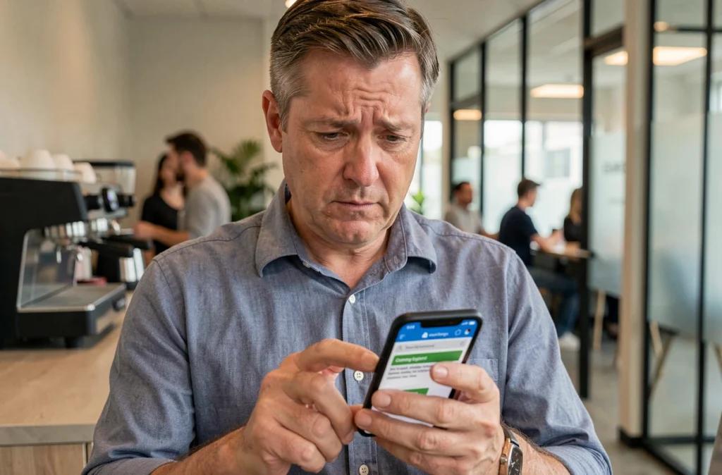 Homme en bureau utilisant son smartphone pour retrouver l'adresse de connexion du site mycampus eduservices