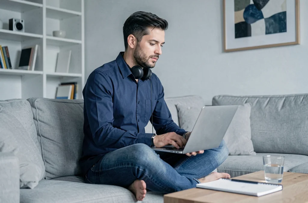 Homme en télétravail travaillant depuis son salon dans un cadre informel et détendu