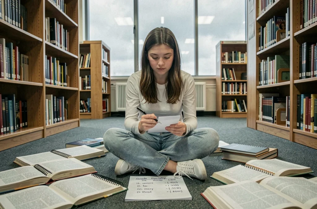 Lycéenne en bibliothèque entourée de livres de philosophie calculant son coefficient au bac