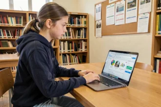 Lycéenne utilisant un ENT sur ordinateur portable dans une bibliothèque scolaire