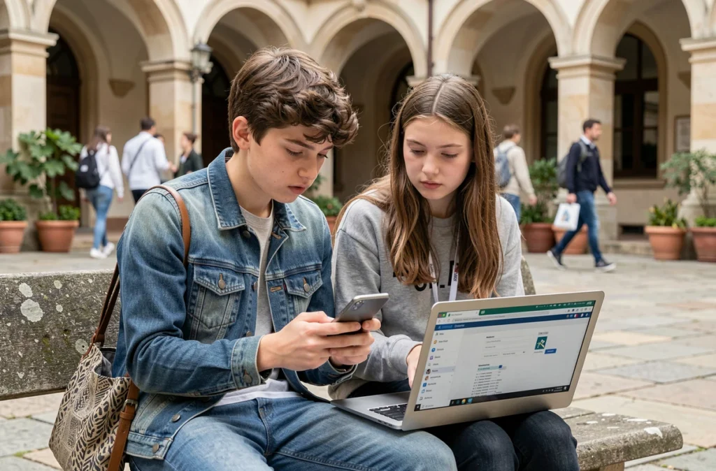 Deux lycéens comparant ENT91 et monlycée.net sur smartphone et ordinateur dans une cour d'école