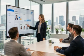 Manager femme présentant un tableau de bord numérique à son équipe dans une salle de réunion moderne avec écran interactif