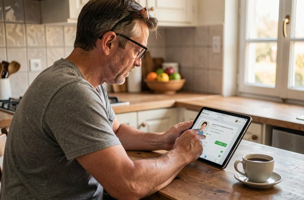 Parent consultant le portail ENT Aisne sur une tablette depuis la cuisine familiale