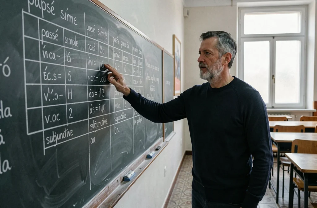Professeur expliquant la formation du subjonctif imparfait espagnol devant un tableau de conjugaisons