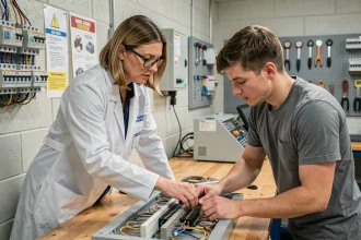 Professeure guidant un étudiant lors d'une séance de travaux pratiques sur un tableau électrique avec le logiciel Habilec 8