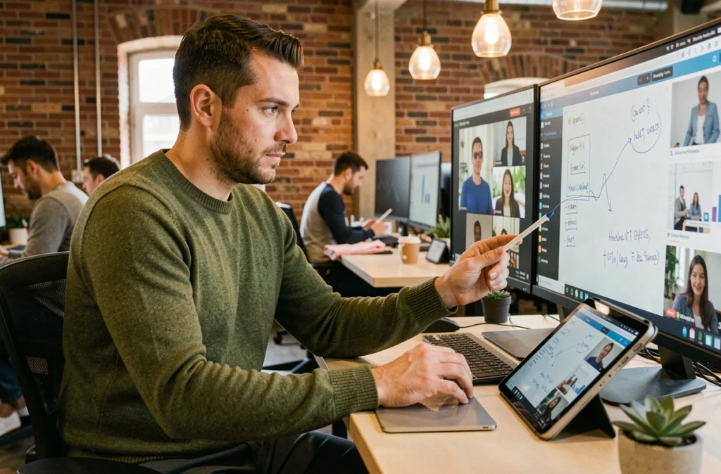 Professionnel en télétravail gérant son équipe à distance via vidéoconférence et outils numériques collaboratifs dans un espace de coworking
